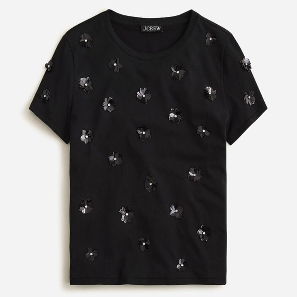 J. Crew Embellished Sequin Flower Short Sleeve T-Shirt Black Women's Medium